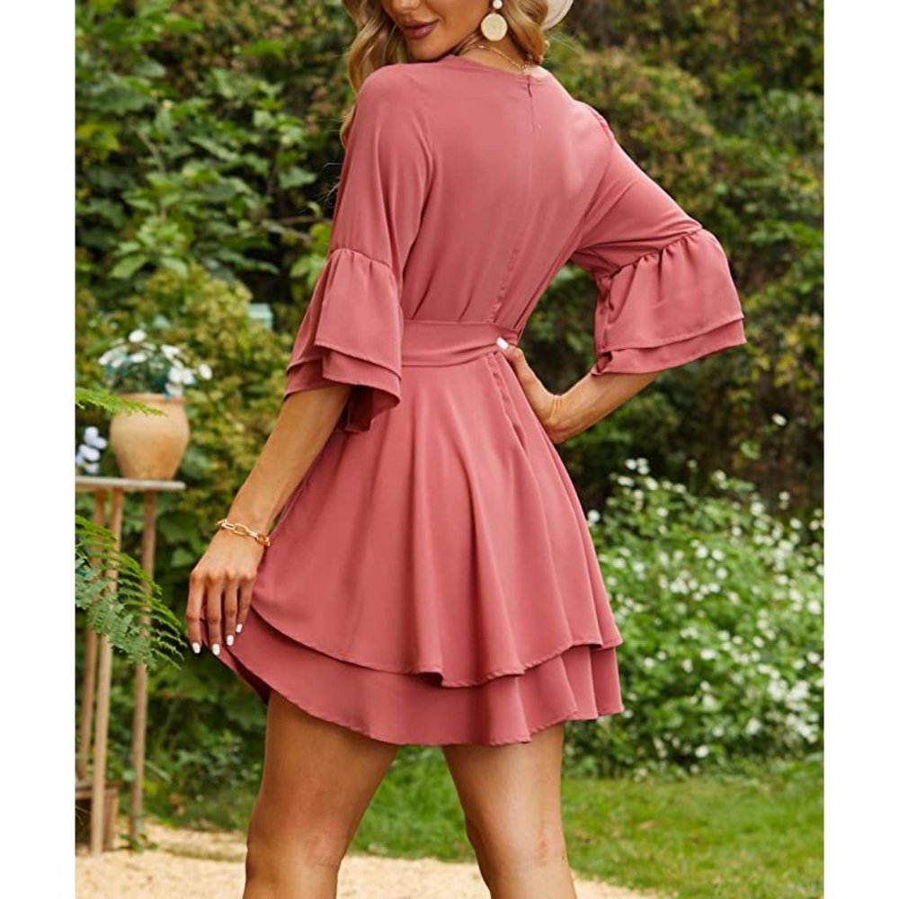 NWT Women's Dress Deep V-Neck Bell Sleeve Waist Wrap Tie Swing Mini Dresses - Picture 2 of 14